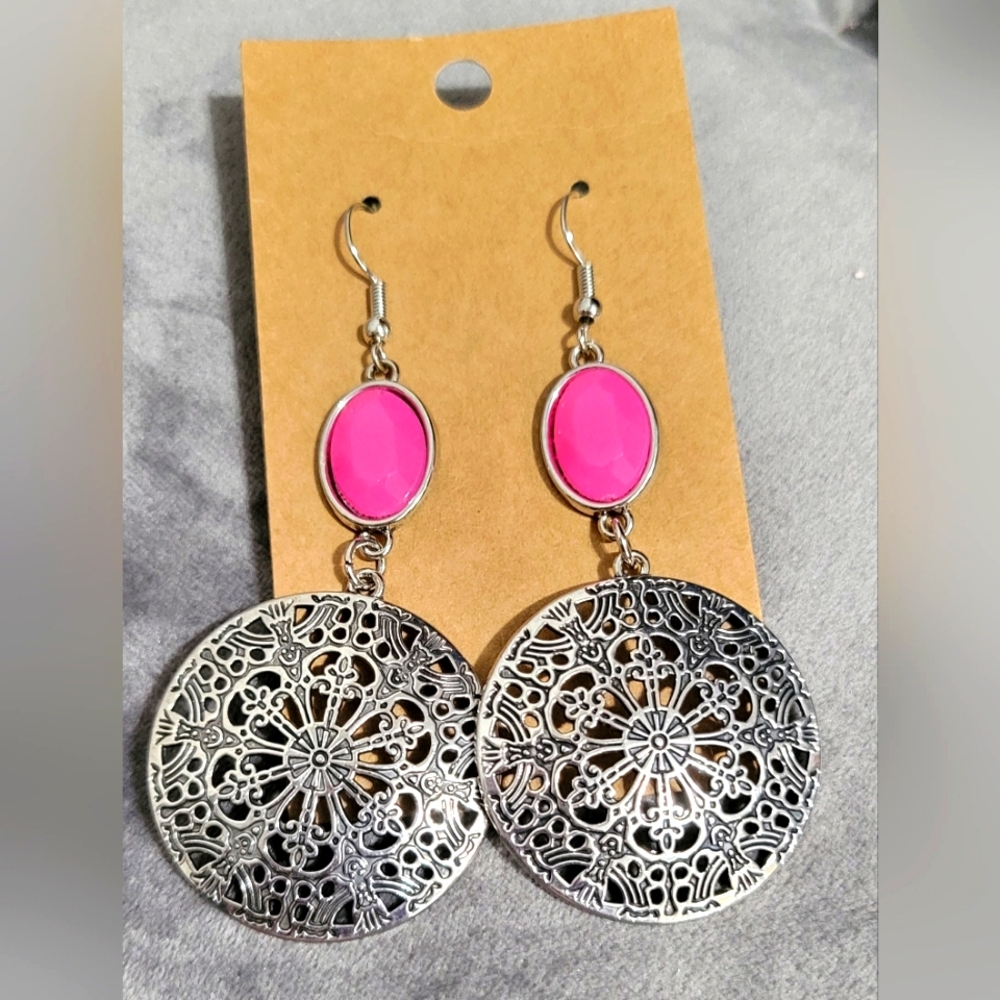 Silver and Pink Dangle Earrings